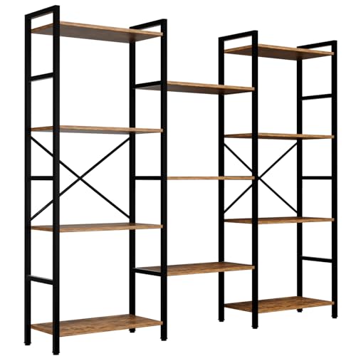 GRUSIGN Triple 4 Tier Book Shelf, Modern Bookcase Shelf, Freestanding Large Display Shelves for Living Room/Office/Garage, Stable Large Bookshelf with Storage for Books/LEGO/Plants, Rustic Brown - color: Brown