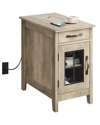WLIVE End Table with Charging Station, Narrow Side Table for Living Room, Farmhouse Night Stand with Storage, Small Wooden Cabinet Nightstand with USB Ports and Outlets, 23.62" D x 13.78" W x 23.62" H - color: Greige Beige