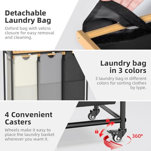 BambooHomie Laundry Hampers 3 Section, Laundry Sorter with Removable Shelf and Pull-Out Bags, Rolling Cart Clothes Hampers Basket with Wheels for Laundry Room Bathroom, 3 x 45 L (Black Beige Gray)