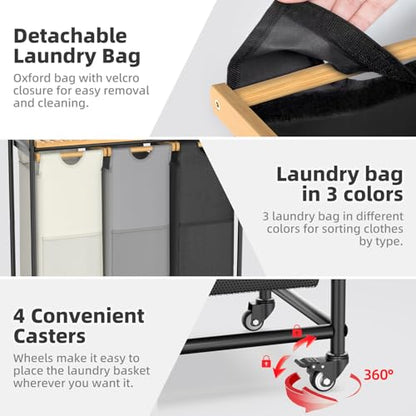 BambooHomie Laundry Hampers 3 Section, Laundry Sorter with Removable Shelf and Pull-Out Bags, Rolling Cart Clothes Hampers Basket with Wheels for Laundry Room Bathroom, 3 x 45 L (Black Beige Gray)