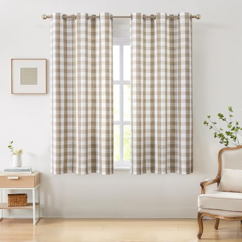Amzdecor Buffalo Plaid Grommet Curtains 54 Inch Length, Semi-Sheer Check Textured Curtains Drapery for Living Room Bedroom Farmhouse,2 Panels （40" x 54",Beige/Tan & White） - color: Beige/White, size: 40"W x 54"L (Pack of 2)