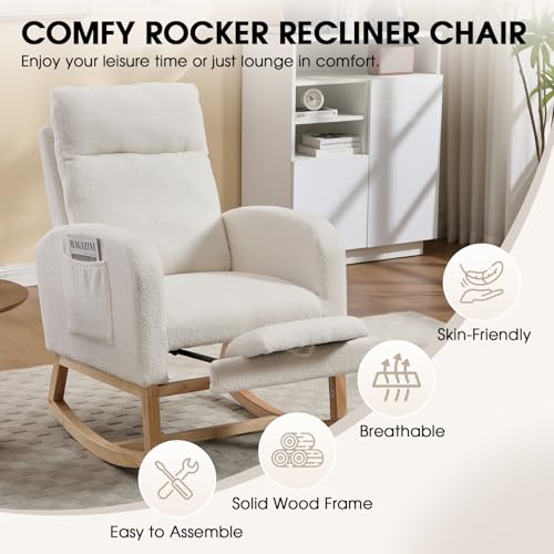 Rocking Chair Nursing, Rocker Chair with Footrest (White Modern) | Teddy Boucle Upholstered Accent Reading Chair with High Back & Side Pocket for Living Room Bedroom Nursery Office - color: White Modern
