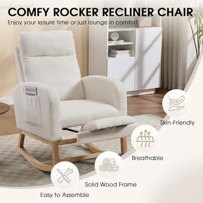 Rocking Chair Nursing, Rocker Chair with Footrest (White Modern) | Teddy Boucle Upholstered Accent Reading Chair with High Back & Side Pocket for Living Room Bedroom Nursery Office - color: White Modern