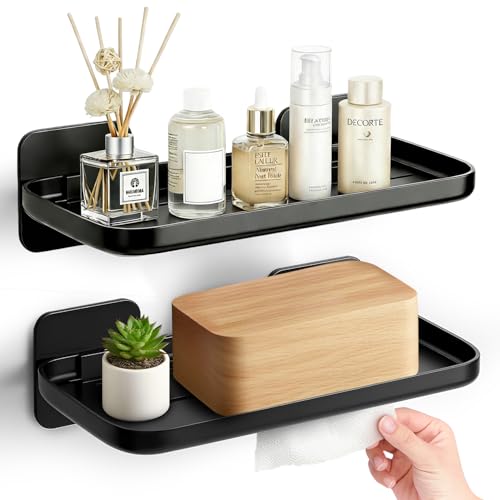 FAYYGYH 2 Pack Adhesive Floating Shelves, No Drill Small Floating Shelf | Wall Storage Damage-Free Wall Mounted Organizer for Bathroom, Kitchen, Bedroom & Office (Black) - color: Black