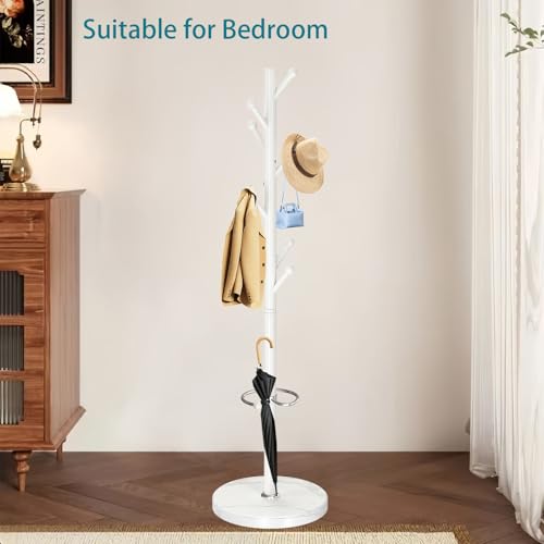 OIRUMIE Coat Rack,Metal Coat Rack Frestanding,White Coat Stand for Entryway | Coat Rack Stand with Marble Base & Umbrella Holder,Modern Coat Hanger Stand,Coat Clothes Tree Stand for Hallway - color: White-8 Hooks