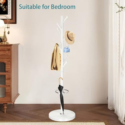 OIRUMIE Coat Rack,Metal Coat Rack Frestanding,White Coat Stand for Entryway | Coat Rack Stand with Marble Base & Umbrella Holder,Modern Coat Hanger Stand,Coat Clothes Tree Stand for Hallway - color: White-8 Hooks