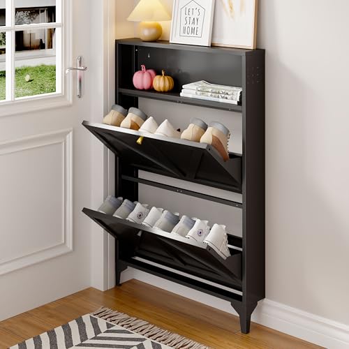 Silm Shoe Cabinet with 2 Flip Drawers,Hidden Shoe Storage Cabinet,Metal Freestanding Organizer,Narrow Shoe Cabinet Storage for Entryway,Hallway,Living Room(2 Door, Black) - color: Black, style: 2 door