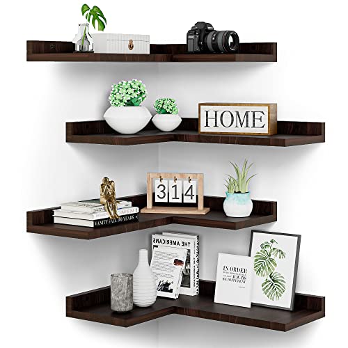4 Tier Floating Corner Shelves Set of 4, Rustic Pine Wooden Floating Corner Wall Shelf for Wall Décor Storage, L Shaped Corner Shelf Wall Mount For Bedroom, Living Room, Bathroom, Kitchen, Red Brown. - color: Red Brown Floating Corner Shelves