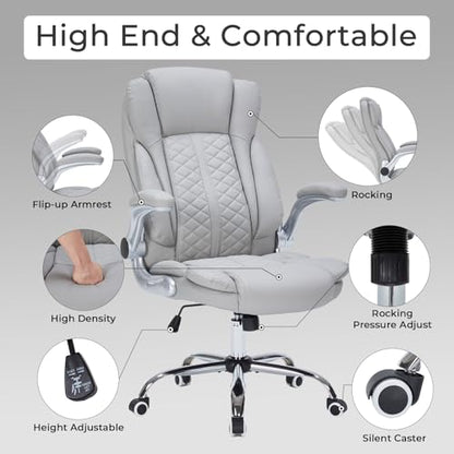 400lbs Executive Office Chair with Flip-Up Armrests, Big and Tall Computer Chair for Heavy People, Heavy Duty Ergonomic Comfy Chair, Breathable PU Leather (Grey) - color: Grey