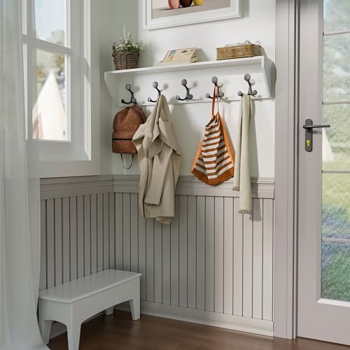 SKOLOO Wall Shelf with Hooks, 35-Inch White Coat Rack Wall Mount with Shelf Organizer - Lightweight & Sturdy, 5 Tri Hooks - Perfect for Entryway, Hallway, Living Room, Bedroom, Mudroom - color: White, size: 35 inch with 5 hooks