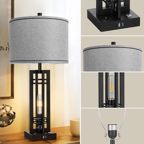 Set of 2 Farmhouse Table Lamps for Living Room,27-inch Bedside Lamps | Grey Shade Desk Lamps with USB A+C Ports, 3-Level Dimmable Touch Light, 4 LED Bulbs Included, Bedroom Home Office Nightstand - color: Gray