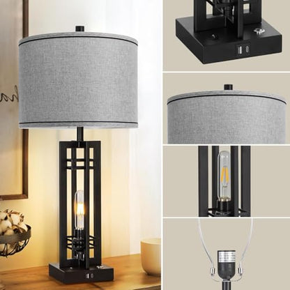 Set of 2 Farmhouse Table Lamps for Living Room,27-inch Bedside Lamps | Grey Shade Desk Lamps with USB A+C Ports, 3-Level Dimmable Touch Light, 4 LED Bulbs Included, Bedroom Home Office Nightstand - color: Gray