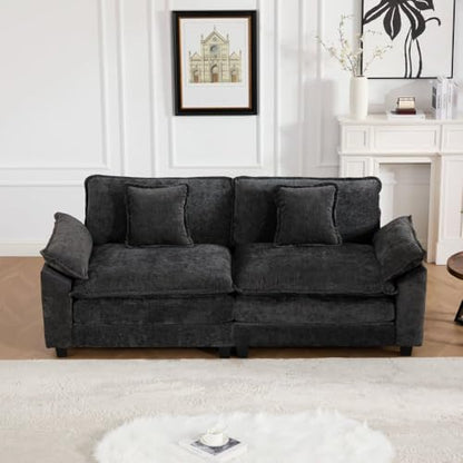 81.9'' Modern Sectional Couch with Double Layer Upholstered Seat Cushion, Chenille LoveSeat Sofa Couch with Wider Armrest and Cushions, Living Room, Bedroom, Apartment, Easy Assembly, Black - color: Black