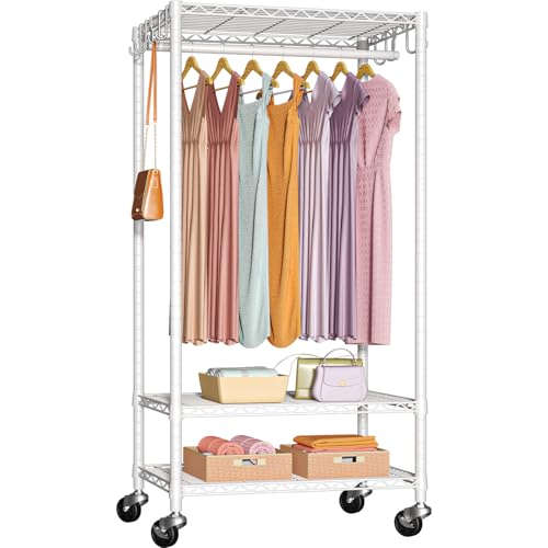 Rolling Clothes Rack, Clothing Racks for Hanging Clothes, White | P6 Medium Heavy Duty Garment Rack with Wheels, Freestanding Portable Closet Rack with Shelves, 30 In Wide, Max Load 370 LBS - color: White, size: P6 Medium