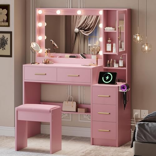 Makeup Vanity with Lights & Charging Station, Pink Vanity Table with 5 Drawers & Open Storage Shelves, Vanity Desk with Mirror & Lights, Dressing Table Set, Bedroom Makeup Table Set Gold Handle - size: 35.4 inch, style: Modern Pink