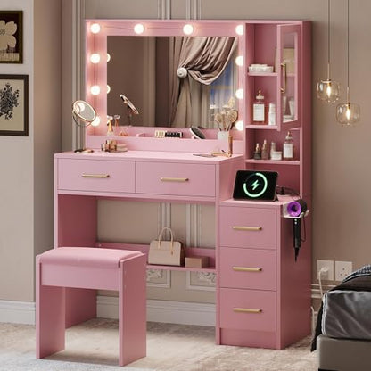 Makeup Vanity with Lights & Charging Station, Pink Vanity Table with 5 Drawers & Open Storage Shelves, Vanity Desk with Mirror & Lights, Dressing Table Set, Bedroom Makeup Table Set Gold Handle - size: 35.4 inch, style: Modern Pink