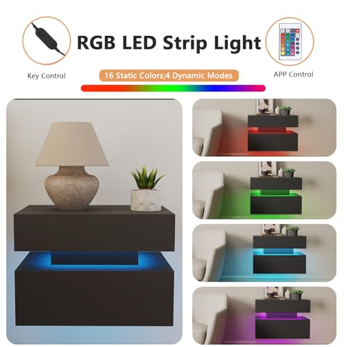 Floating Nightstand Set of 2,Modern Bedside Tables with LED Light for Bedroom,Small Night Stands with Drawers, Wall Mounted End SideTables Set for Living Room - color: Black