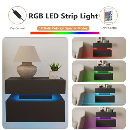 Floating Nightstand Set of 2,Modern Bedside Tables with LED Light for Bedroom,Small Night Stands with Drawers, Wall Mounted End SideTables Set for Living Room - color: Black