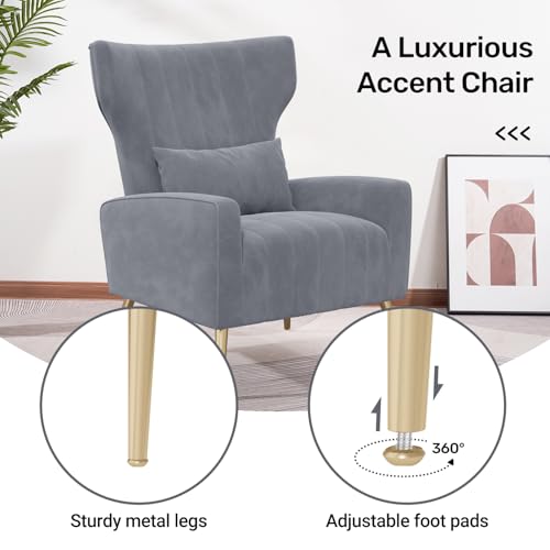 Nebuaegis Velvet Accent Chair Set of 2Wingback for Living Room, High Back Arm Chair with Golden Legs Lumbar Pillow, Upholstered Single Sofa Bedroom Gray - color: Grey, size: Set of 2