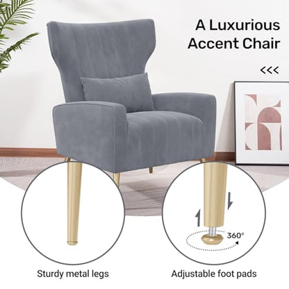Nebuaegis Velvet Accent Chair Set of 2Wingback for Living Room, High Back Arm Chair with Golden Legs Lumbar Pillow, Upholstered Single Sofa Bedroom Gray - color: Grey, size: Set of 2