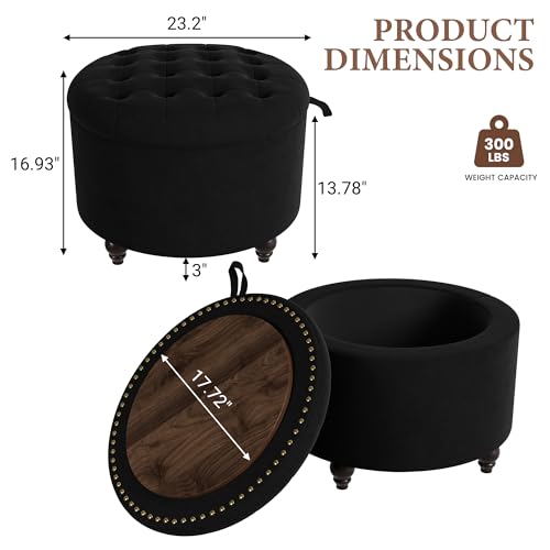 24 Inch Round Storage Ottoman,Modern Tufted Ottomans,Circular Coffee Table with Removable Top,Upholstered Large Ottoman with Storage Footrest Stool for Bedroom Living Room (Black) - color: Black, size: 24"D x 24"W x 16.9"H