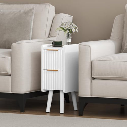 ELYKEN 7.9" Fluted Narrow Nightstand, 20.6" H Skinny Side Table, White | Compact Design for Small Spaces, 2 Drawers, Modern White Finish, Perfect as Bedside Table, End Table or Sofa Side Table - color: White-1 Pcs