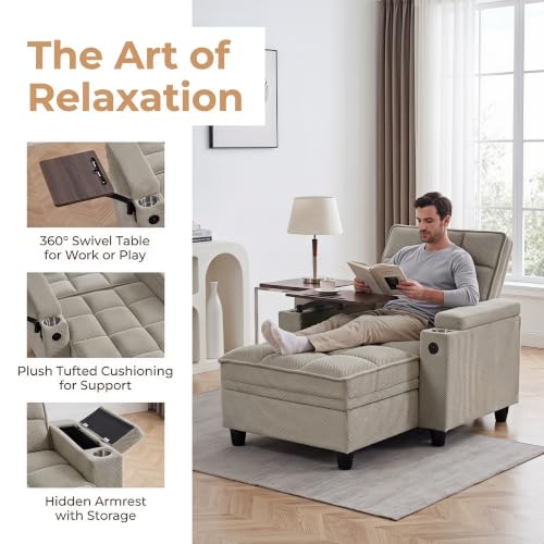 Convertible Sleeper Chair, Pull Out Sofa Bed with Adjustable Backrest & Hidden Storage Armrest, Single Sofa Recliner with USB Charging Port & Cup Holders for Living Room, Bedroom, Khaki - color: C-khaki-i3
