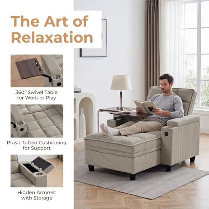 Convertible Sleeper Chair, Pull Out Sofa Bed with Adjustable Backrest & Hidden Storage Armrest, Single Sofa Recliner with USB Charging Port & Cup Holders for Living Room, Bedroom, Khaki - color: C-khaki-i3