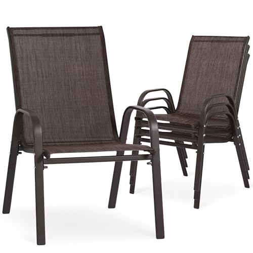24.4" Wide Outdoor Patio Stackable Chairs Set of 4, Brown | Stacking Patio Chairs with Textilene Fabric, Outside Furniture for Garden Backyard Balconie Poolside Deck - color: 4 Brown Chairs