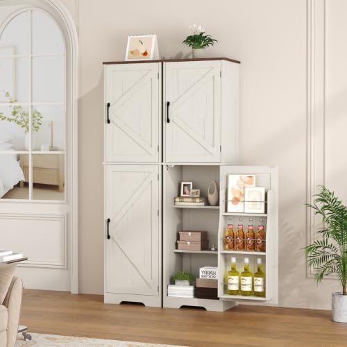Function Home Farmhouse 주방 식료품 저장실 캐비닛, 162.6cm(64인치) 높이 슬림 욕실 보관 캐비닛, 헛간 문과 조절 가능한 선반이 있는 5단 나무 바닥 캐비닛, 다이닝 룸 거실용 앤티크 화이트 - color: 앤티크 화이트, size: 15.8"Wx11.81"Dx64"H