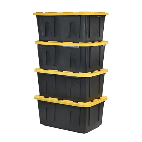 CX Heavy Duty 27-Gallon Stackable Plastic Storage Bins with Lids, 4 Pack | Storage totes for garage organization, Stackable containers, weather-resistant, snap lid, 14.3H x 20.6W x 30.6D, Black/Yellow - size: 27 Gallon