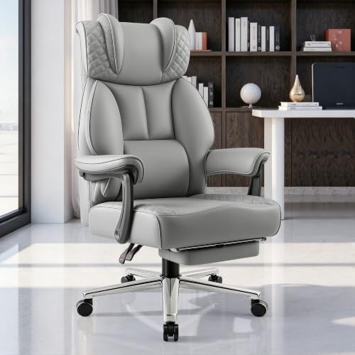 BestGlory Office Desk Chair, Big and Tall Leather Gaming Chair with Footrest, Ergonomic Comfy Executive High-Back Reclining Computer Chairs, Wide Swivel Rolling Wheels and Padded Lumbar Support, Gray - color: Grey, style: Freely Reclining