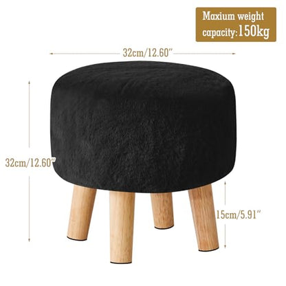 YMYNY Round Pouf Ottoman, 12.6" Small Foot Stool, Black HBD035B | Faux Fur, Wood Legs, Foot Rest for Couch, Modern Boho for Living Room Bedroom Office - color: Black