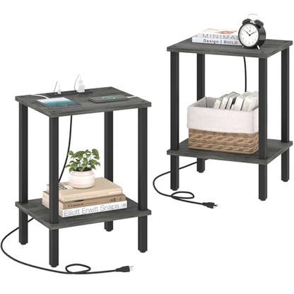 TUTOTAK End Table with Charging Station, Side Table Set of 2, Nightstand | 2-Tier Storage Shelf, Bedside Table with USB Ports, Sofa Table for Small Space, Livingroom, Bedroom Charcoal Grey TB01BY041 - color: Charcoal Grey