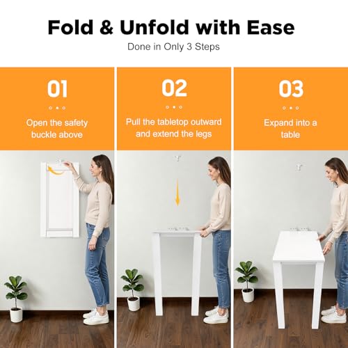 Folding Wall Mounted Table with Legs, 29"×15" Drop Leaf Desk (White) | For Home Office Kitchens Balconies Small Apartments; Saving Space, Heavy Duty Solid Wood Multi-layer Boards, Easy to Install