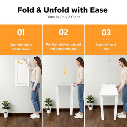 Folding Wall Mounted Table with Legs, 29"×15" Drop Leaf Desk (White) | For Home Office Kitchens Balconies Small Apartments; Saving Space, Heavy Duty Solid Wood Multi-layer Boards, Easy to Install