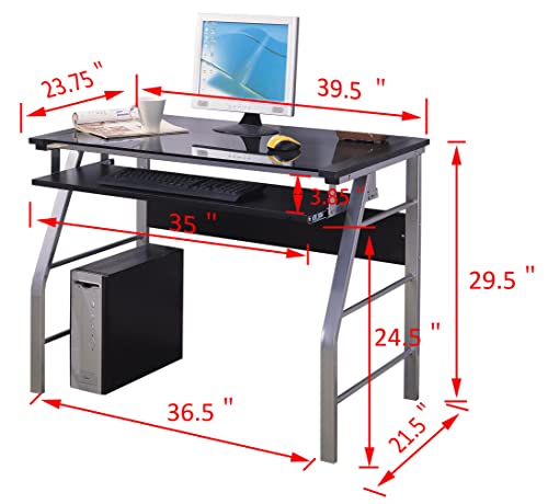 King's Brand Metal and Glass Top Home Office Computer Desk/Table, Silver Finish