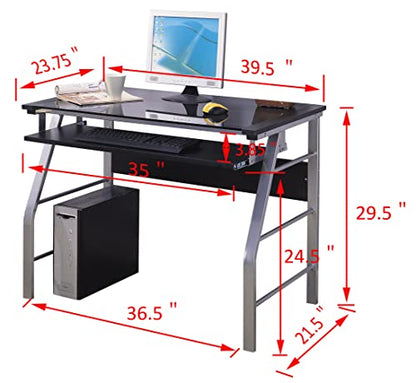 King's Brand Metal and Glass Top Home Office Computer Desk/Table, Silver Finish
