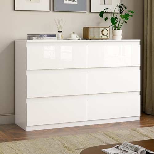 White 6 Drawer Dresser for Bedroom 47" Wide Closet Storage | Wood Dresser, Modern High Gloss, Handle-Free, for Entryway|TV Stand|Living Room - size: 15.4"D x 47.2"W x 32.3"H (6 Drawers)