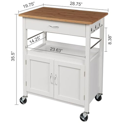 Kitchen Island Cart on Wheels, White Base, Natural Bamboo Top | Drawer, Storage Cabinet, Shelf, Butcher Block - color: White Base