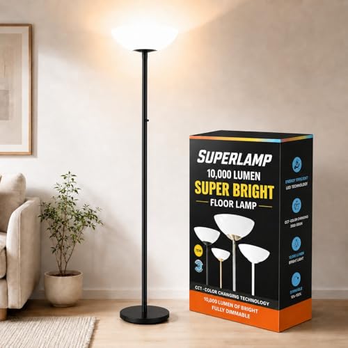 Modern Floor Superlamp 10000 Lumen - LED 75W, Dimmable 5 Changing Color, 85 CRI All Around Light, Tall Corner Standing Lamp with Cement Base and Acrylic Shade, Glare Free UpLight Kit Ready - Black - color: Black