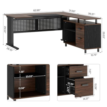 Tribesigns 63 Inch Executive Desk with File Cabinet, L Shaped Office Desk | Large Office Desk with File Drawer, L Shaped Desk with Storage Shelf, Business Furniture for Home Office, Dark Walnut - color: Black and Dark Walnut