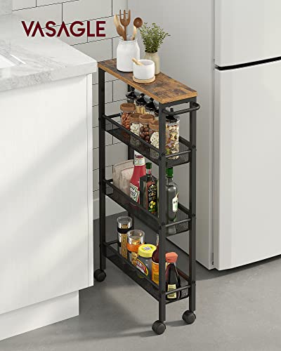 VASAGLE Slim Rolling Cart, 4-Tier Narrow Storage Cart with Handle, 5.1 Inches Deep, Metal Frame, for Kitchen, Dining Room, Living Room, Home Office, Rustic Brown and Classic Black ULRC032B01V1 - color: Rustic Brown + Classic Black, size: 4 Tiers (5.1"D x