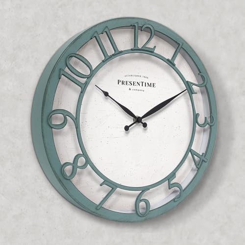 13" Farmhouse Series Wall Clock | Shiplap Style, Silent No Ticking, Coastal Clock, Raised 3D Arabic Numeral, Aged Teal Finish - color: Aged Teal Finish, size: 13 inch