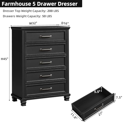 Farmhouse 5 Drawer Dresser for Bedroom, Black | 45” Tall Vertical Dressers Chest of Drawers with Reinforced Top & Square Wooden Legs - color: Black, size: 16"D x 32"W x 45"H (5 Drawers)