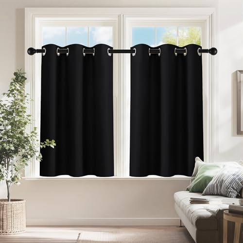 PONY DANCE Black Short Blackout Curtains for Kitchen, Wide34 x Long36 inch | Small Windows Shades Thermal Insulated Privacy Drapes for Classroom Bathroom Laundry RV, 2 Pcs - color: Black, size: 34"W x 36"L (Pack of 2)