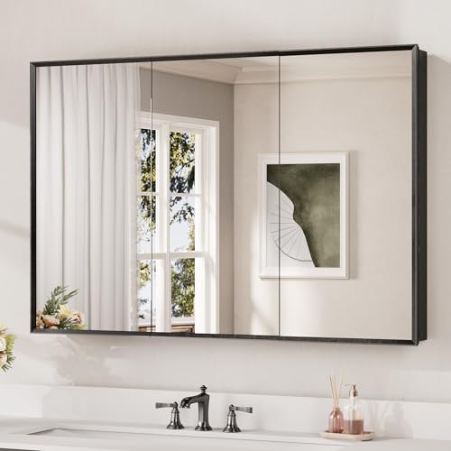 Keonjinn Large Medicine Cabinet Mirror 48 x 32, Black Beveled Frame, 3 Door | Assembly Needed, Adjustable Shelves, Aluminum Rust-Resistant, Surface Mount or Recessed, Suitable for Spacious Bathroom - color: Black, size: 48x32 In