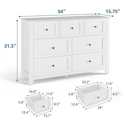 IDEALHOUSE 7 Chest of Drawers for Bedroom, 54''L Drawer Dresser, White | Simply 7 Drawer Dresser for Hallway Entryway, 15.8"D x 54"W x 31.5"H, Lacquered Storage Organizer for Living Room - color: White, size: 15.8"D x 54"W x 31.5"H (7 Drawers)
