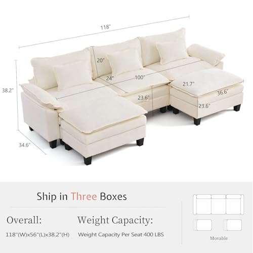 118" Modular Sectional Sofa with Storage, U-Shaped Cloud Couch | Deep Seat, Moveable Ottoman, Throw Pillows, Sofa Sleeper, Cloud Comfort Couches for Living Room Bedroom, Chenille Beige - color: Beige, size: 118"- 5 Seat U