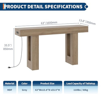 IDEALHOUSE 63" Entryway Table with Power Outlet, Console Table for Entryway | Grey, Wooden Sofa Table, Long Narrow Hallway Foyer Table for Entryway, Hallway, Living Room - color: Grey